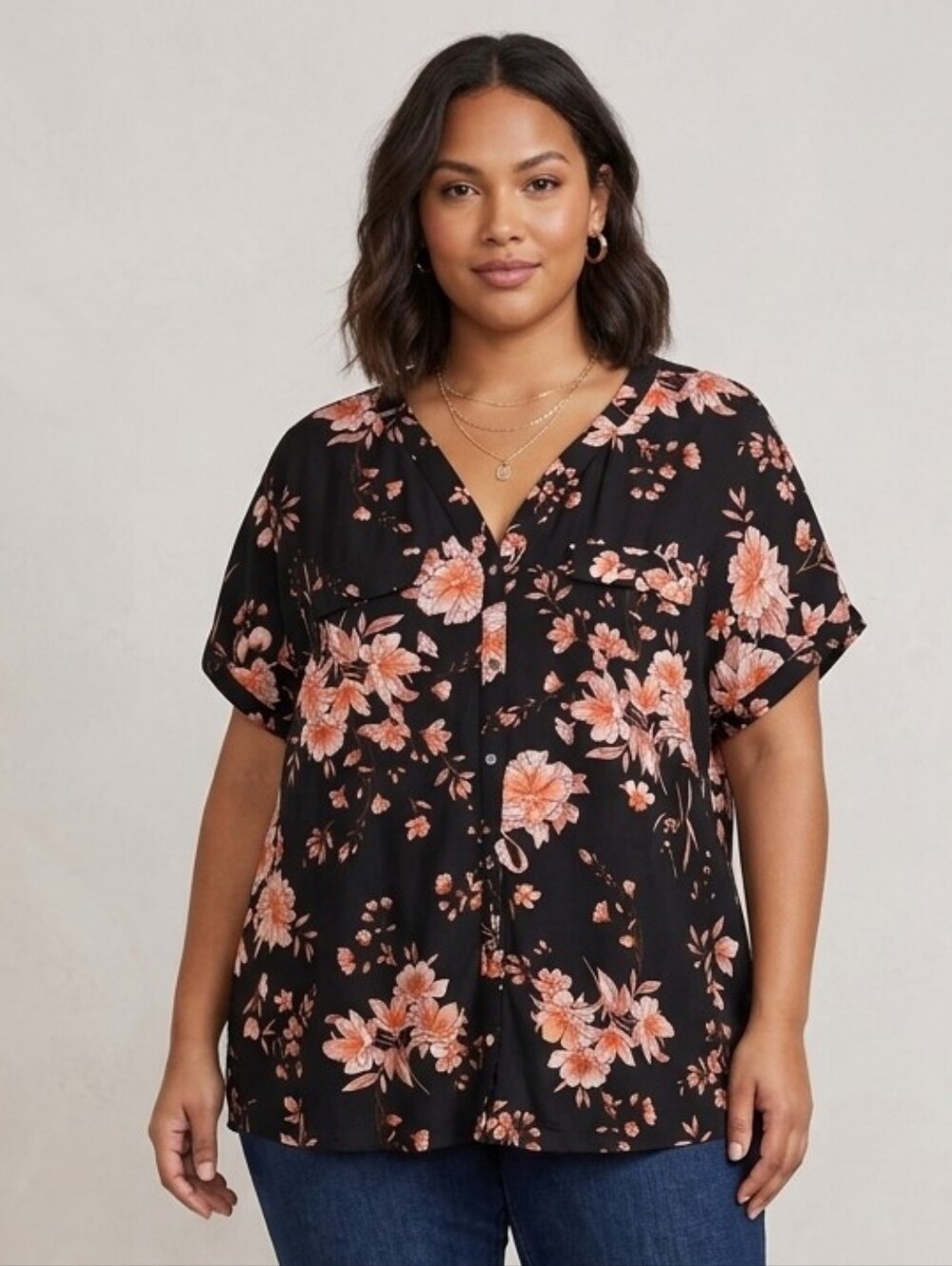 Lily Morgan Black Floral V-Neck Button Semi-Sheer Blouse Size 3X